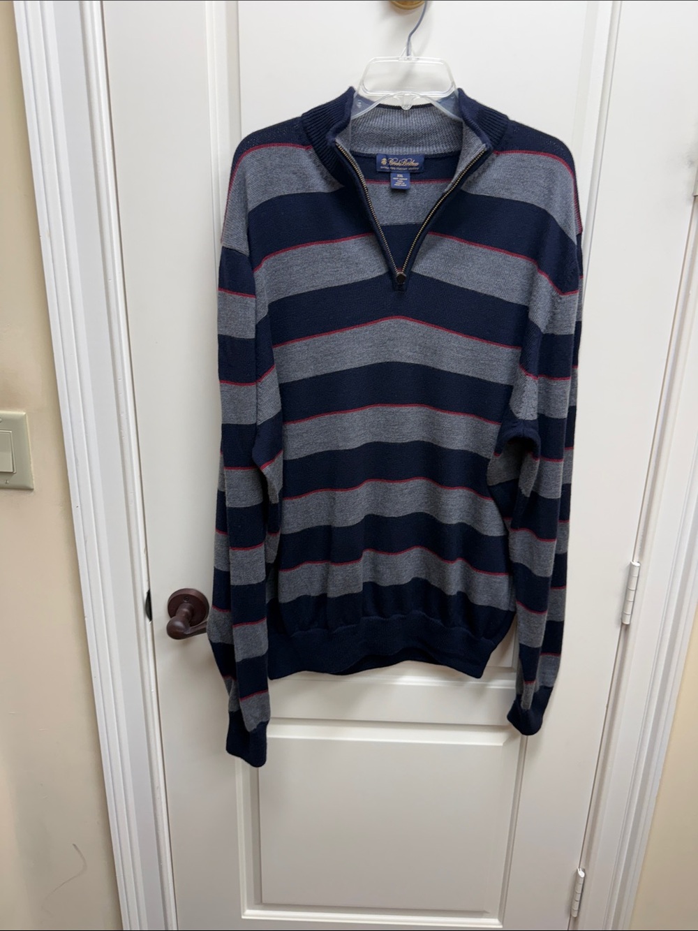 Brooks Brothers Navy, Gray & Red Striped Half-Zip Sweater